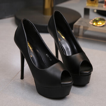 夜场超高跟12cm细跟鱼嘴单鞋百塔浅口宴会防水台高跟鞋女鞋子 黑色 35