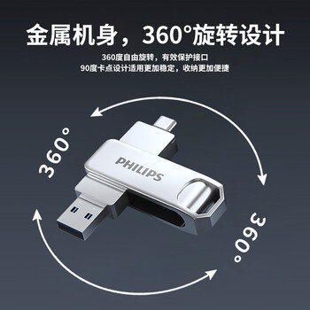 飞利浦（PHILIPS）256GB Type-C USB3.2 双接口手机U盘 61UT-D金属旋转 高速读写 商务办公学习耐用优盘