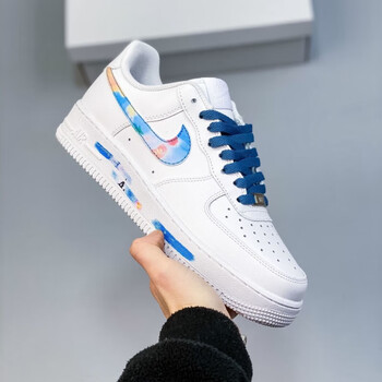 耐克顿新款空军一号男水墨桃花画梵高涂鸦梅花罗纳河畔的 空军-白蓝