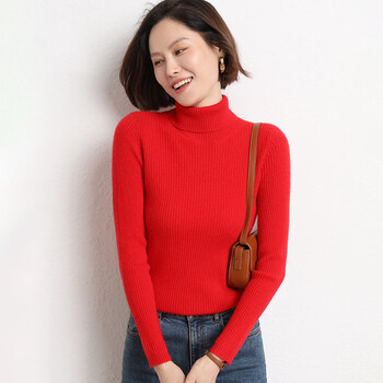 女式羊毛衫纯色抽条修身打底衫长袖高翻领针织衫毛衣 大红色 m