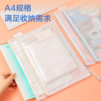 得力(deli)双层防水网格拉链袋 小学生透明学科资料分类袋 科目分类袋试卷文具袋 10个装 63479S