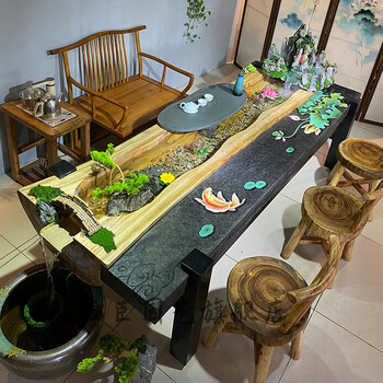 纽安伦流水茶桌景观一体香樟木循环茶台新中式禅意异形根雕曲水流觞