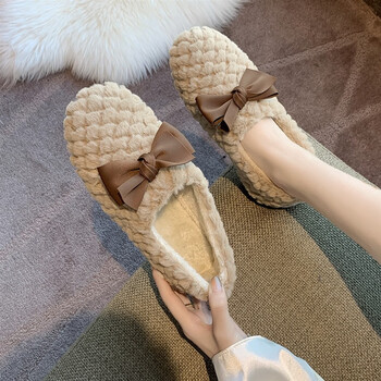 鞋冬季冬天豆豆鞋女加绒棉鞋女鞋蝴蝶结秋冬季外穿秋鞋毛毛鞋米色35
