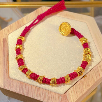 戏外人999足金古法盘缠手链女黄金平安喜乐编织红绳首饰生日礼物送