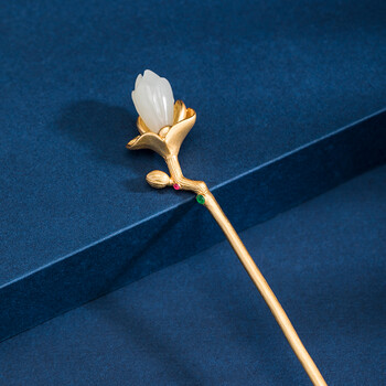 蕙质兰心银镀黄金镶嵌和田玉发簪女古风汉服旗袍玉兰花簪子金色