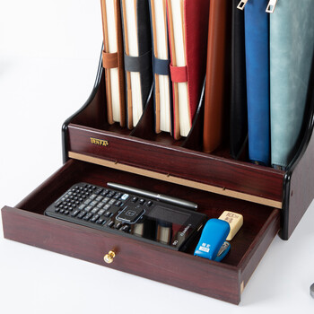 信发 TRNFA TN-8104  木质办公桌面文件框 高档四格带抽屉木质资料架 文件架 杂志书架 书立