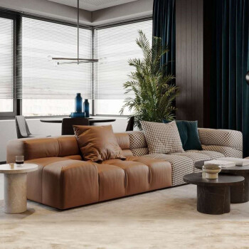 嘉际 意式科技布模块沙发简约现代北欧客厅千鸟格直排三人乳胶沙发