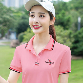 棉翻领短袖t恤女韩版保罗衫polo衫宽松大码女装夏休闲运动上衣 粉色