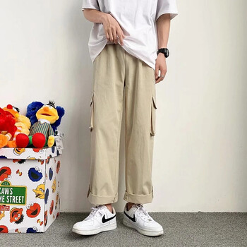 木子胜2021春夏季款工装裤男潮牌宽松黑色休闲长裤子男韩版束脚薄米色