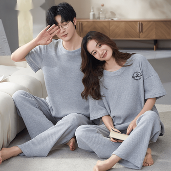 bkqu睡衣情侣夏天简约休闲短袖长裤家居服套装可外穿男士居家服两件套