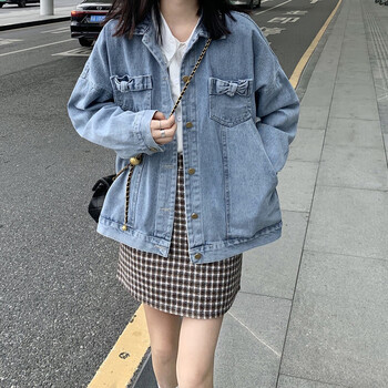 啡过大码外套女200斤春秋牛仔加肥加大胖妹妹胖mm秋天穿的蝴蝶结上衣
