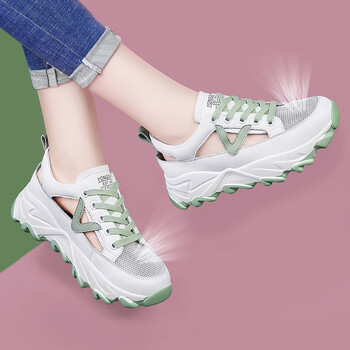运动鞋女士厚底薄款透气镂空夏天学生时尚中跟波鞋女装网面休闲鞋系带