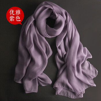 故事真丝围巾女长款纯色蚕丝丝巾春秋季雪纺薄披肩沙滩丝巾女 紫色