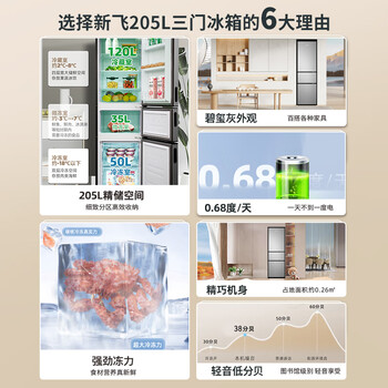 新飞 （Frestec）205L三门节能低音中门独立空间速冻保鲜七档温控冰箱BCD-205K3AT