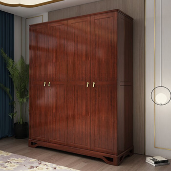 新中式衣柜实木4门卧室黄金檀木品质四门推拉平开门大衣橱 四门衣柜