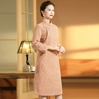 阿亨复古洋气高贵阔太太民国风小花涧棉中长旗袍连衣裙改良长袖字旗袍