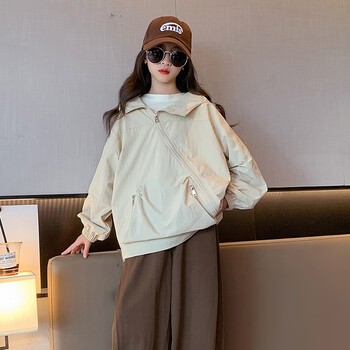 外套春秋季新款女孩315岁韩版个性连帽卫衣洋气拉链夹克上衣米色120cm