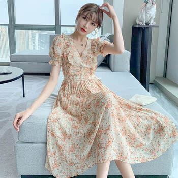 zhouyibo小个子连衣裙夏装新款超仙雪纺裙收腰显瘦气质碎花裙子女女神