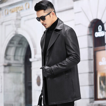 高档奢华山羊皮真皮皮衣男中长款西装领风衣外套修身休闲春秋夹克大衣