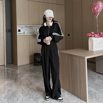 鹿纤休闲时尚套装女复古撞色棒球服短秋季新款高腰阔腿裤套装潮黑色