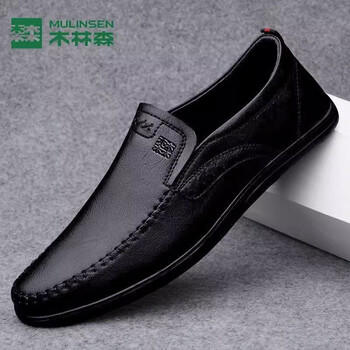 木林森男鞋春秋新款休闲英伦风皮鞋男士真牛皮一脚蹬休闲豆豆鞋男透气