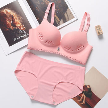 无钢圈大码内衣聚拢大胸罩学生文胸套装粉色套装透心凉3680c夏天款