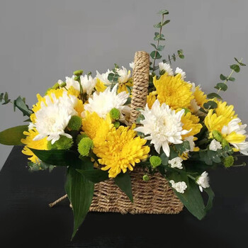 21朵黄白菊花手提花篮