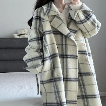 鄂尔多斯羊绒世家格子双面羊绒大衣女2023新款羊毛呢子外套冬季小个子