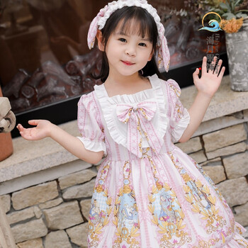 洛丽塔女童公主裙超洋气小女孩蓬蓬裙子短袖精灵公主粉色含发带100cm