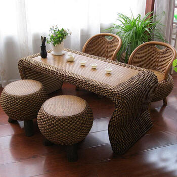 茶桌阳台功夫茶桌椅组合草编客厅小家具中号茶几1个藤椅2个木腿凳整装