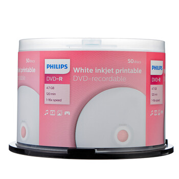 飞利浦（PHILIPS）DVD-R空白光盘/盘面可打印/刻录盘 16速4.7G 可打印盘 桶装50片