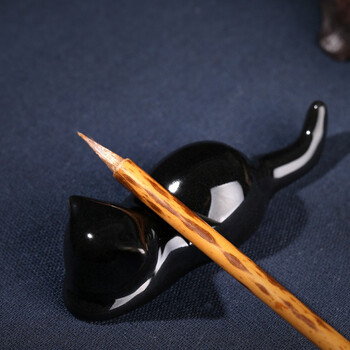 【全网低价】荣宝斋 笔搁 文房四宝书法国画笔掭笔山笔托毛笔架镇纸尺招财猫陶瓷器 汝窑黑釉萌系小猫笔搁-黑