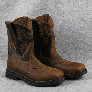 奕津骑马靴男内蒙古西部牛仔靴钢头工作靴方头复古牛皮中筒防水牛仔靴