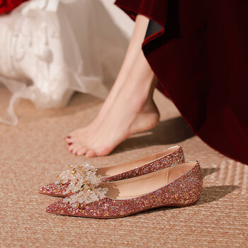 晴裴孕妇可穿水晶平底婚鞋内增高小众感新娘鞋女红色秀禾主婚纱两穿