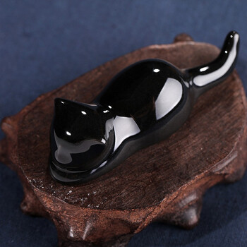 【全网低价】荣宝斋 笔搁 文房四宝书法国画笔掭笔山笔托毛笔架镇纸尺招财猫陶瓷器 汝窑黑釉萌系小猫笔搁-黑