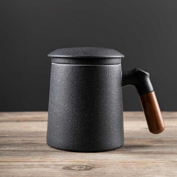 平仄茶水分离杯泡茶杯380ml木柄陶瓷杯马克杯高颜值办公室水杯茶杯 