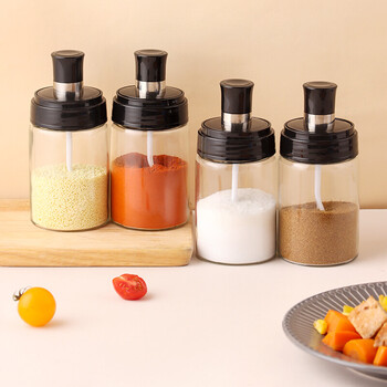 拜杰baijie玻璃调料盒勺盖一体调料罐调味罐厨房调料瓶调味盒密封佐料