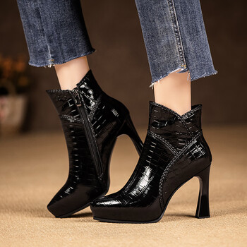 semckarr皮防水台高跟短靴女秋冬新款尖头粗跟厚底小个子时装靴短筒女