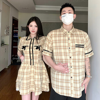 石头小猪情侣装一衣一qun格子连衣qun衬衫夏季男女情侣装设计感时尚