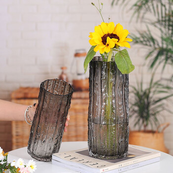 奇敬玻璃花瓶个性创意树皮花瓶新中式仿真花插花瓶客厅餐桌花瓶玄关装饰摆件烟熏灰大号 口径12cm 高30cm 1 图片价格品牌报价 京东