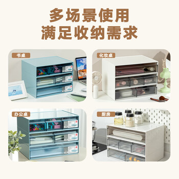 得力一层三格桌面收纳盒 抽屉式办公室书桌用品文具文件分类多层储物盒 防尘盒 白色PK106