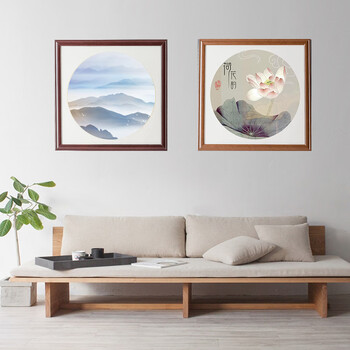 一海堂文化卡纸相框 国画扇面工笔画纸镜片硬卡圆形镜片纸配套实木相框-红木色 38*38cm 送38cm卡纸一包