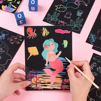 TaTanice【全网低价】儿童刮画纸 卡通幼儿园炫彩刮刮画纸画本美术创意diy涂鸦用品套装9页美人鱼