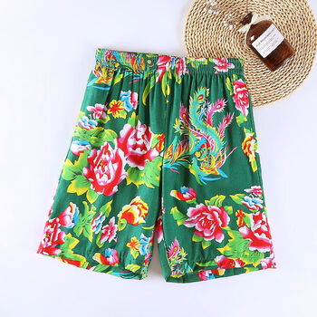 男装新款夏季东北大花布薄款宽松休闲短裤阔腿大裤衩演出墨绿色4xl