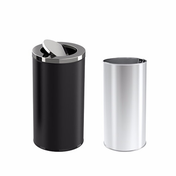 京洲实邦垃圾桶翻盖48L圆柱形不锈钢原色38*73商用烟灰桶