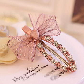 【京东严选】女神超闪水钻发夹气质款蝴蝶结绢纱发卡边夹刘海夹发饰