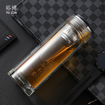 裕樽 （YUZUN） .玻璃杯 五谷丰登透明双层隔热茶杯 礼盒装304茶仓厚底玻璃水杯 商务礼品茶水杯300ml 
