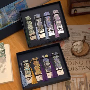 狮洛德 高档流苏金属书签礼物4枚名画油画毕业礼品书签学生奖品送同学伴手礼物  莫奈印象礼盒