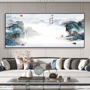 oimg新中式客厅装饰画横款沙发背景墙挂画茶室国画流水生财山水风景画