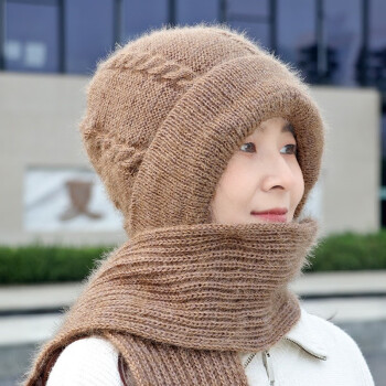 梵美帽子女冬季加绒加厚两件套保暖一体毛线帽护脖防风挡脸针织帽